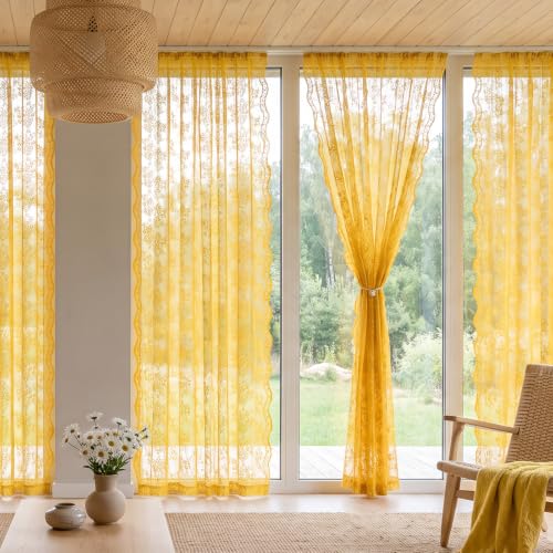 Vintage Lace Curtains 108 Inches Long (Mustard Yellow / 52"W x 108"L (Pack of 2))