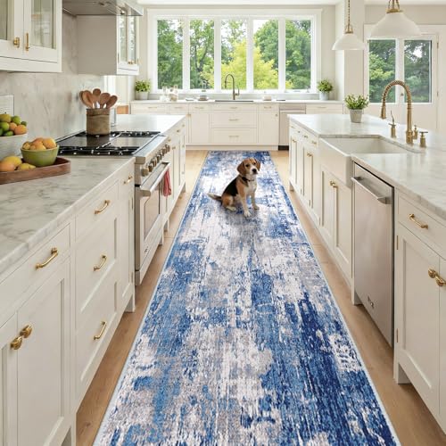 Washable Runner 3'x12' Abstract Area Rug for Hallway Blue Gray (Blue/Gray / 3' x 12' (Runner))