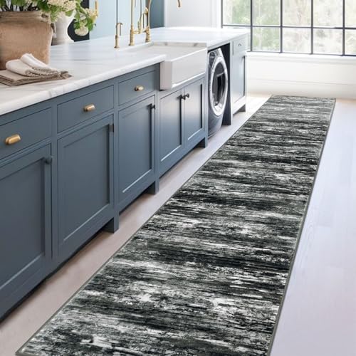 Modern Abstract Washable Rug Runner 2.6x14 Hallway Rug Runner Non (Black White Grey Green / 2'8" x 14' (Runner))