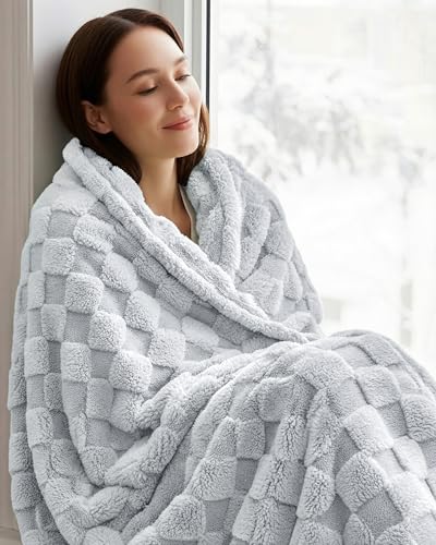 Plush Checkered Fleece Blanket Cool Grey King (Cool Grey / King)
