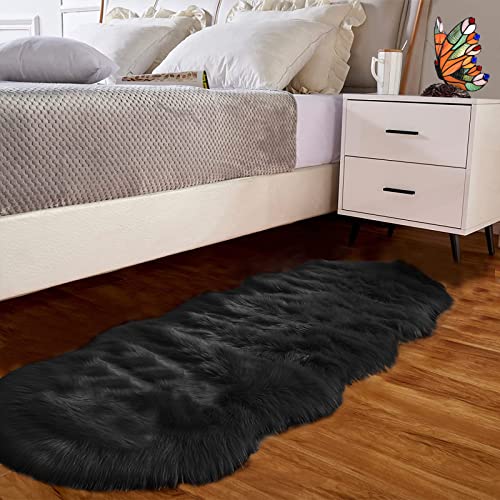 Black Fluffy Runner Rug 2x6 for Bedroom Faux Sheepksin Fur Fuzzy Furry Bedside Rug Shaggy Plush Soft Sheepskin (2' x 6' (Sheepskin) / Black)