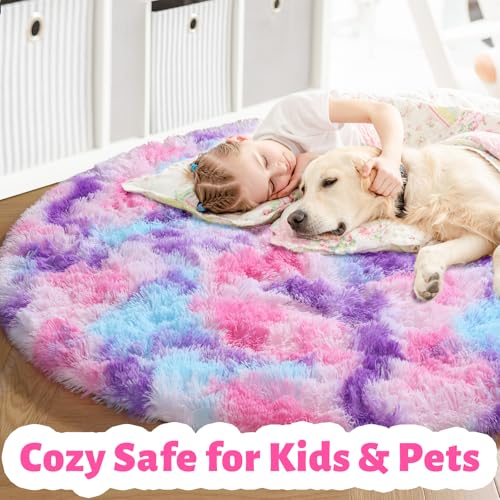 Pink Blue Purple Fluffy Large Round Rug 6Ft for Girls Kids Bedroom (Pink Blue Purple / 6' (Round))