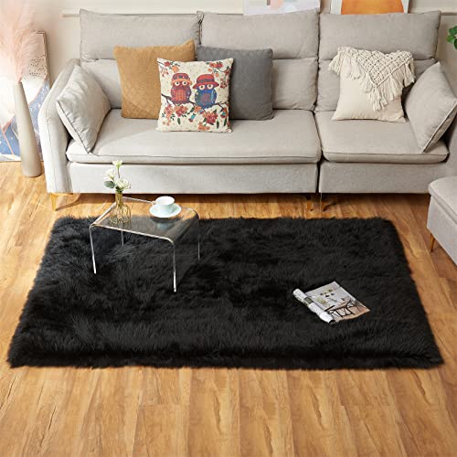 Ultra Soft Fluffy Shaggy Area Rug Faux Fur Rug Chair Cover Seat Pad Fuzzy Area Rug for Bedroom Floor Sofa Living Room (Black / 4' x 6' (Rectangular))