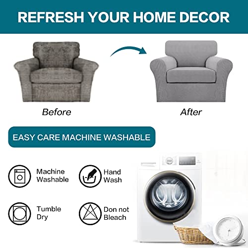 2 Piece Chair Covers Chair Slipcovers for Living Room Armchair Couch Cover Chair Sofa Cover with Individual Cushion Covers Furniture Cover for Chairs Feature Jacquard Fabric (Armchair (1 Cushion) / Dove)