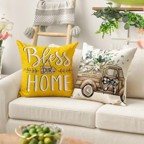 Bless Our Home Farmhouse Eucalyptus Leaves Throw Pillow Covers (Yellow / 20" x 20" (Pack of 4))