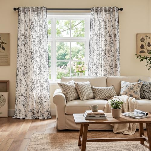 Vintage Floral Linen Curtains 96 Long for Living Room 2 Panels (Black / 50"W x 96"L (Pack of 2))