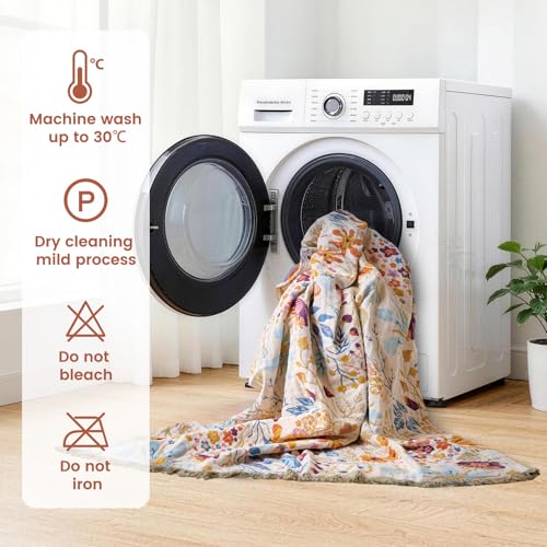 Boho Throw Blanket 50"x60" 100% Cotton Floral Blanket Couch Decor (Beige Navy / 50"x60")