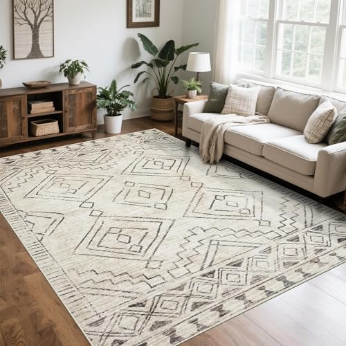 8x10 Washable Area Rugs for Living Room (8' x 10' (Rectangular) / Morocco-beige-black-brown)