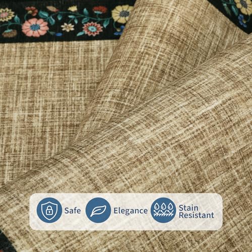 Washable Living Room Rug 9x12 Floral Bordered Area Rugs Soft Thin Indoor Carpet for Bedroom Modern Throw Aesthetic Mat Non Slip Stain Resistant Carpet for Dining Room Office (Flax/Black / 9' x 12' (Rectangular))