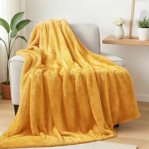 Fuzzy Large Fleece Throw Blanket for Couch (Mustard Yellow / 50x70 IN)