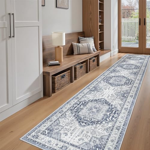 Washable Runner Rugs 2x12 Long for Hallway Kitchen Soft (Navy/White / 2' x 12' (Runner))
