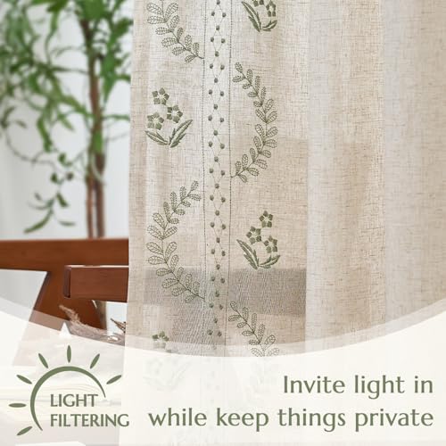 Floral Linen Curtains 90 Inch Farmhouse Back Tab 2 Panels (Sage / 50"W x 90"L (Pack of 2))