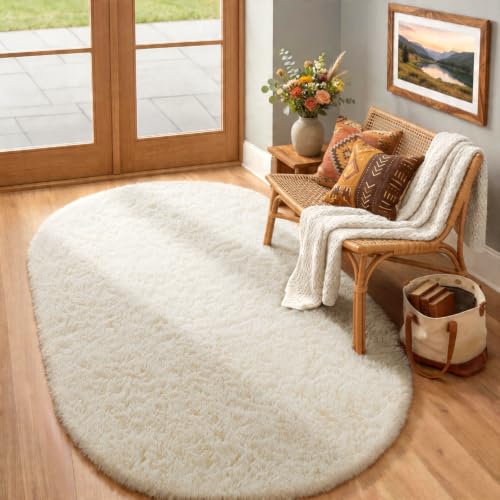 4x6 Oval Ivory Rugs for Bedroom Living Room Washable (2- Ivory / 4' x 6' (Oval))