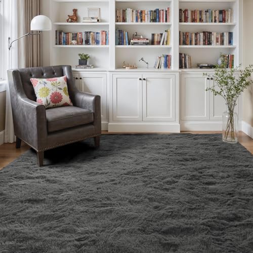 5x7 Ft Shag Area Rug for Bedroom (Ba Dark Grey Solid / 5' X 7' (Rectangular))
