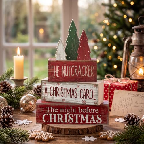 4 Pcs Christmas Table Decorations Rustic Christmas Tree Stacked Wooden Signs Decor Red Green and White Winter Tiered Tray Decor Xmas Table Centerpiece Farmhouse for Home Kitchen Shelf (Rustic Christmas Tree Cute)