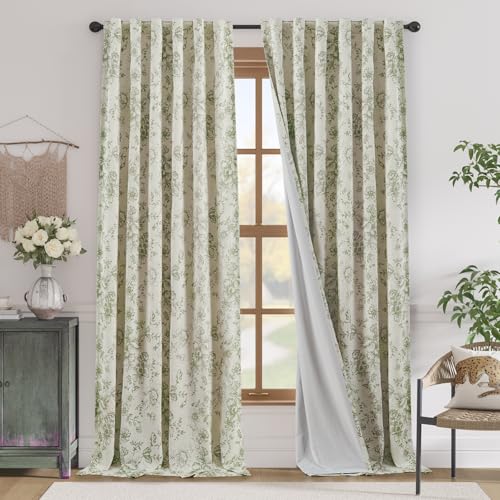 Floral Linen Blackout Curtains for Bedroom 96 Inches Long (Green / 50"W x 96"L (Pack of 2))