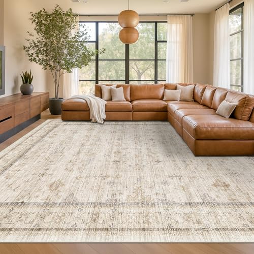 Washable Ivory Living Room Rug (8' x 10' (Rectangular) / Light Sand Beige)