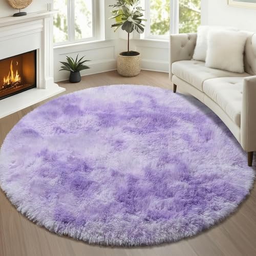Tie Dye Purple Fluffy Round Rug Circle Area Rugs 4ft for Girl Kids Bedroom (Colorful Purple / 4' (Round))