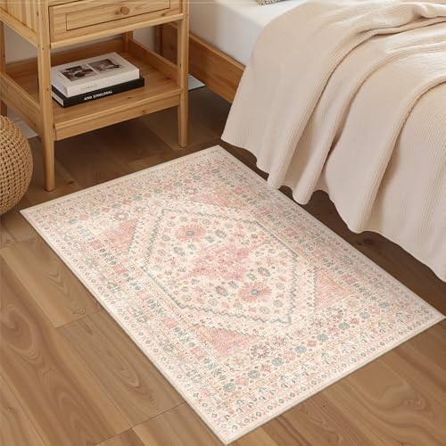 2x3 Entryway Rug Vintage Washable Rug Runner for Kitchen (Pink / 2' x 3' (Runner))