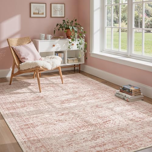 5x7 Area Rugs Pink Low Pile Washable Trendy Faded Style Rug (Pink / 5' x 7' (Rectangular))