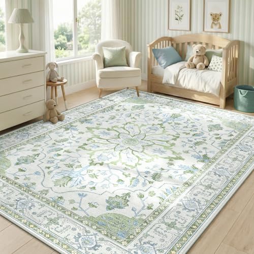 Washable Area Rug (Green/White/Blue / 5' x 7' (Rectangular))