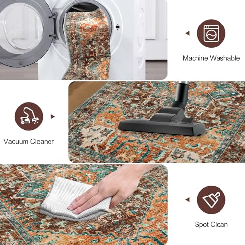 Washable Runner Rug (2' x 12' / Rust/Dull Teal)
