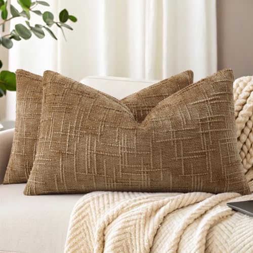 Textured Chenille Throw Pillow Covers 12x20 Set of 2 Bronze (Golden Camel / 20" x 12" (Pack of 2))
