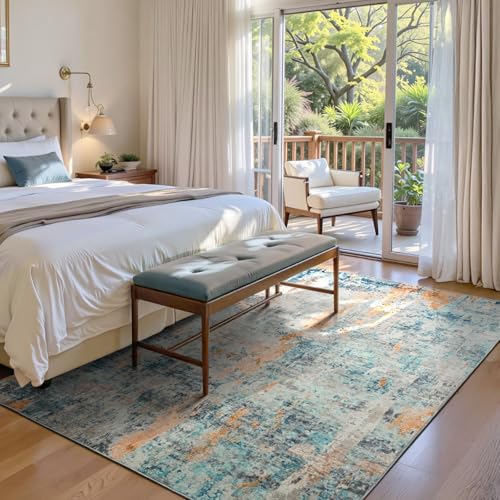 Area Rug 4x6 Blue Rug Washable Boho Rugs Non Slip Low Pile Abstract Small Carpet for Entryway (Blue / 4' x 6' (Rectangular))