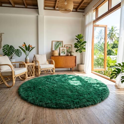 Dark Green Round Fuzzy Rug 4Ft for Kids Bedroom Living Room Dorm (Dark Green / 4' (Round))