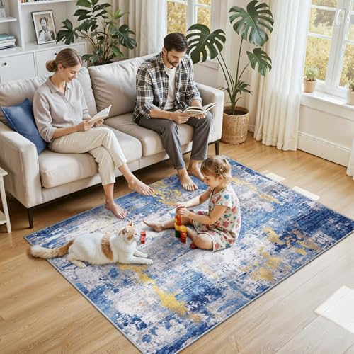 Washable 4'x6' Abstract Area Rug for Living Room Blue Gold (Blue/Gold / 4' x 6' (Rectangular))