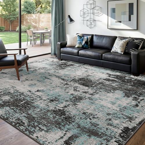 Washable 8'x10' Abstract Area Rug for Living Room Teal Black (Black/Teal Blue / 8' x 10' (Rectangular))