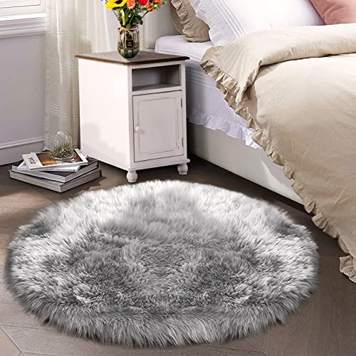 Grey Round Rugs 6ft Faux Fur Sheepskin Circle Rug for Living Room Fluffy Washable Rug for Bedroom Teen Room Dorm Cute Room Décor (6' (Round) / Grey)