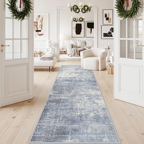 Abstract 3x10 Kitchen Rug Runners (3' x 10' (Rectangular) / Blue/Ivory)
