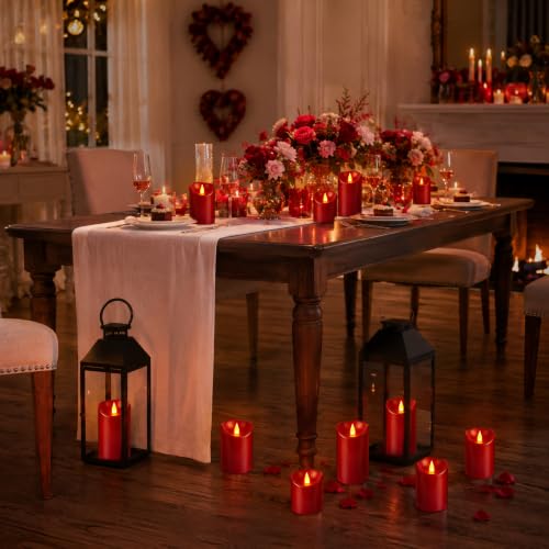 Flameless Candles 4" 5" 6" Set of 3 Outdoor Indoor Burgundy Pillars Battery Operated Flickering Candles with Cozy Climbing Flame Effect (Burgundy Candle - Moving Flame / 3"D X 4"|5"|6"H - 3 Pack)