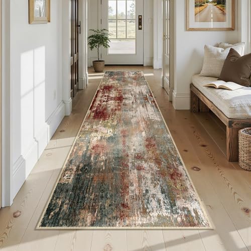 Washable Runner 2'6"x12' Abstract Area Rug for Hallway Rustic Brown (Rust Red/Green/Blue/Multi / 2'6" x 12' (Runner))