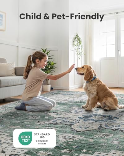 Amada 6x9 Washable Area Rug for Dining Room (6' x 9' (Rectangular) / Dark/Green)