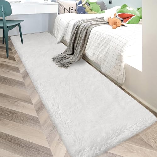 Runner Rug for Bedroom White 2x10ft Fluffy Area Rug Bedside Runner Rug for Kids Room Boys Teens Nursery Baby Living Room Dorm Home Decor Carpets Kid Sbedroom Rug (White / 2' x 10' (Runner))