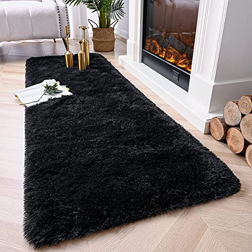 Soft Runner Rug for Bedroom Living Room Plush Fluffy Rugs 2x6 (Black / 2' x 6' (Runner))