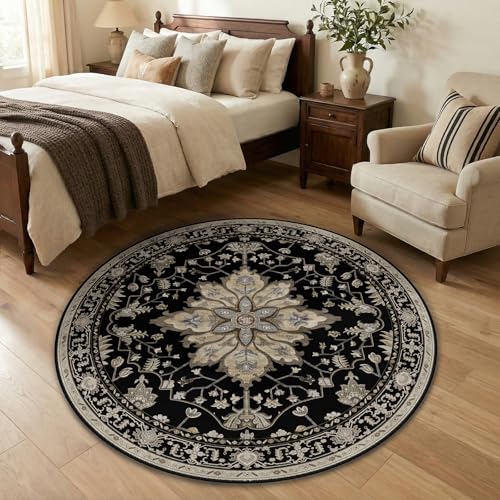 Washable Area Rug (Black/Neutral / 4' (Round))