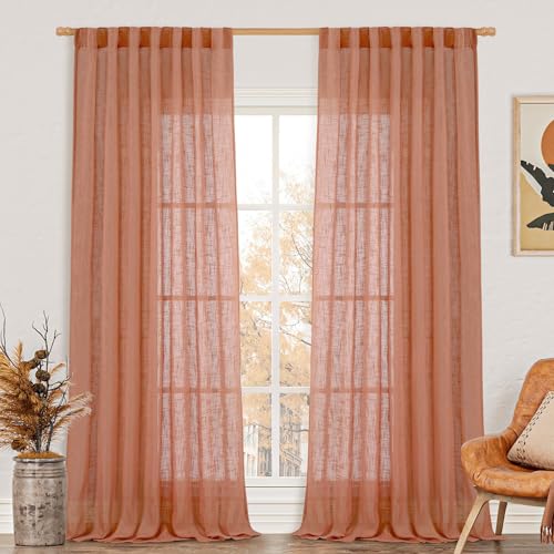 Extra Wide Linen Curtains for Bedroom Living Room 60 x 84 Inch (Terracotta / 60"W x 84"L (Pack of 2))