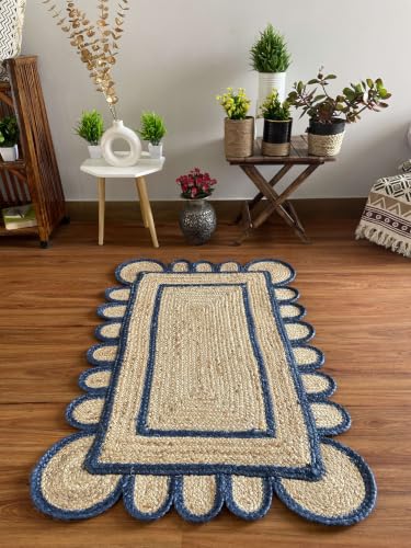 Scalloped Natural Jute Area Rug 4x6 Ft with Scalloped Border (Blue / 4' x 6' (Rectangular))