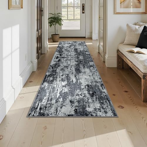 Washable Runner 2'6"x10' Abstract Area Rug for Hallway Black White (Black/Navy Blue/Gray / 2'6" x 10' (Runner))