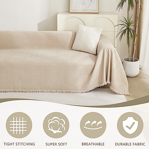 Couch Cover 3 Cushion Sofa With Tassel Chenille Slipcover for Sectional L Shaped Furniture (71" x 150" / Tassels Edge-khaki)