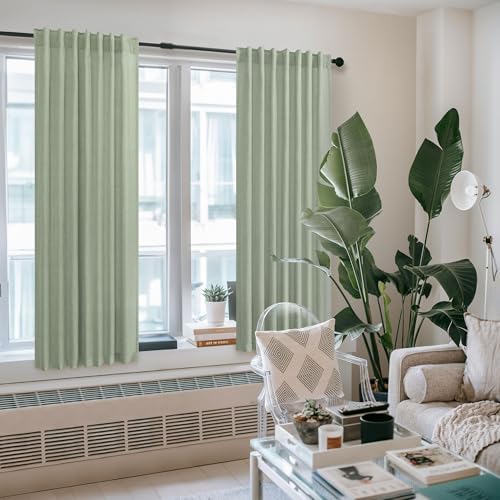Sage Green Curtains 72 Inch Length for Bedroom 2 Panel Set Rod Pocket Back Tab Drapes Semi Sheer Light Reducing Linen Blend Woven Light Green Curtain for Living Room Dividing Closet Laundry 38X72 Long (38"W x 72"L (Pack of 2) / Light Sage)