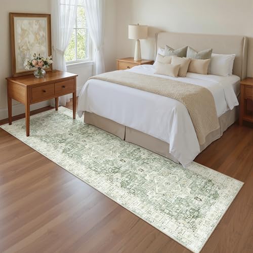 Hallway Runner Rug 2x8 Washable Kitchen Rugs Non (Green/Ivory / 2' x 8' (Runner))