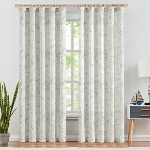 Grey Floral Linen Curtains 90 Inch Vintage Back Tab 2 Panels (Flower Grey on White / 50"W x 90"L (Pack of 2))