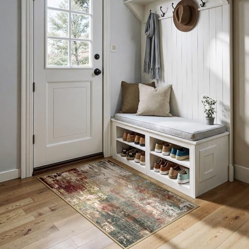 Washable 3'x4' Abstract Area Rug for Living Room Rustic Brown (Rust Red/Green/Blue/Multi / 3' x 4' (Rectangular))