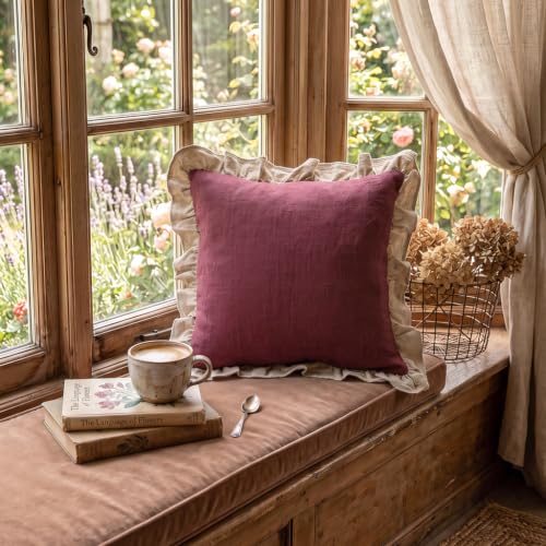 Vintage Red Linen Throw Pillow Covers (Coomburg Rose / 22" x 22" (Pack of 2))
