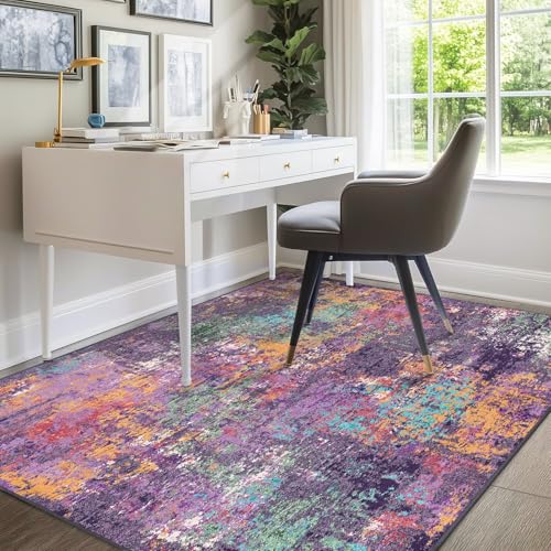 Washable 6'x9' Abstract Area Rug for Living Room Purple Multi (Purple/Orange/Teal/Green/Red / 6' x 9' (Rectangular))