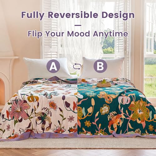 Boho Throw Blanket 50"x60" 100% Cotton Butterfly Floral Blanket Couch (Bloom Butterfly / 50"x60")